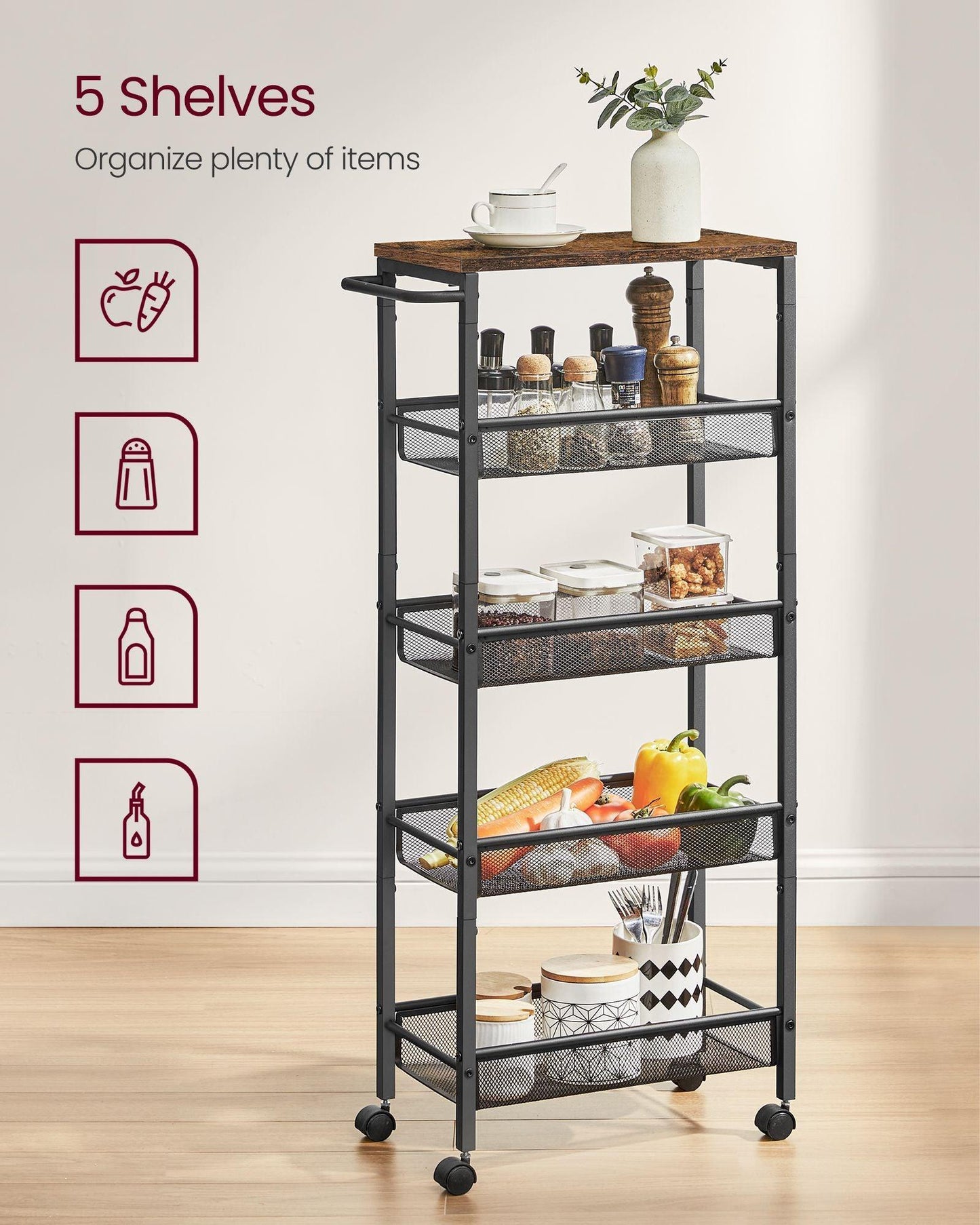 5-Tier Rolling Storage Cart Rustic 8.7 Inches Deep FredCo