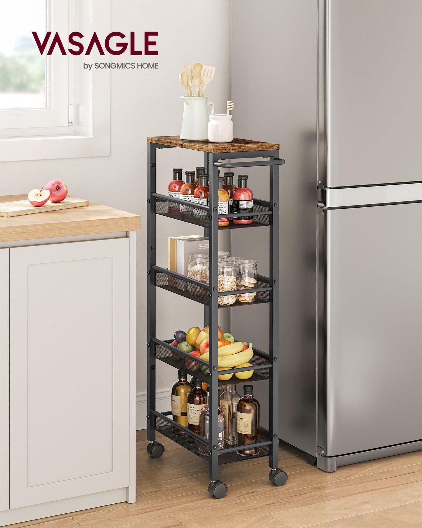 5-Tier Rolling Storage Cart Rustic 8.7 Inches Deep FredCo