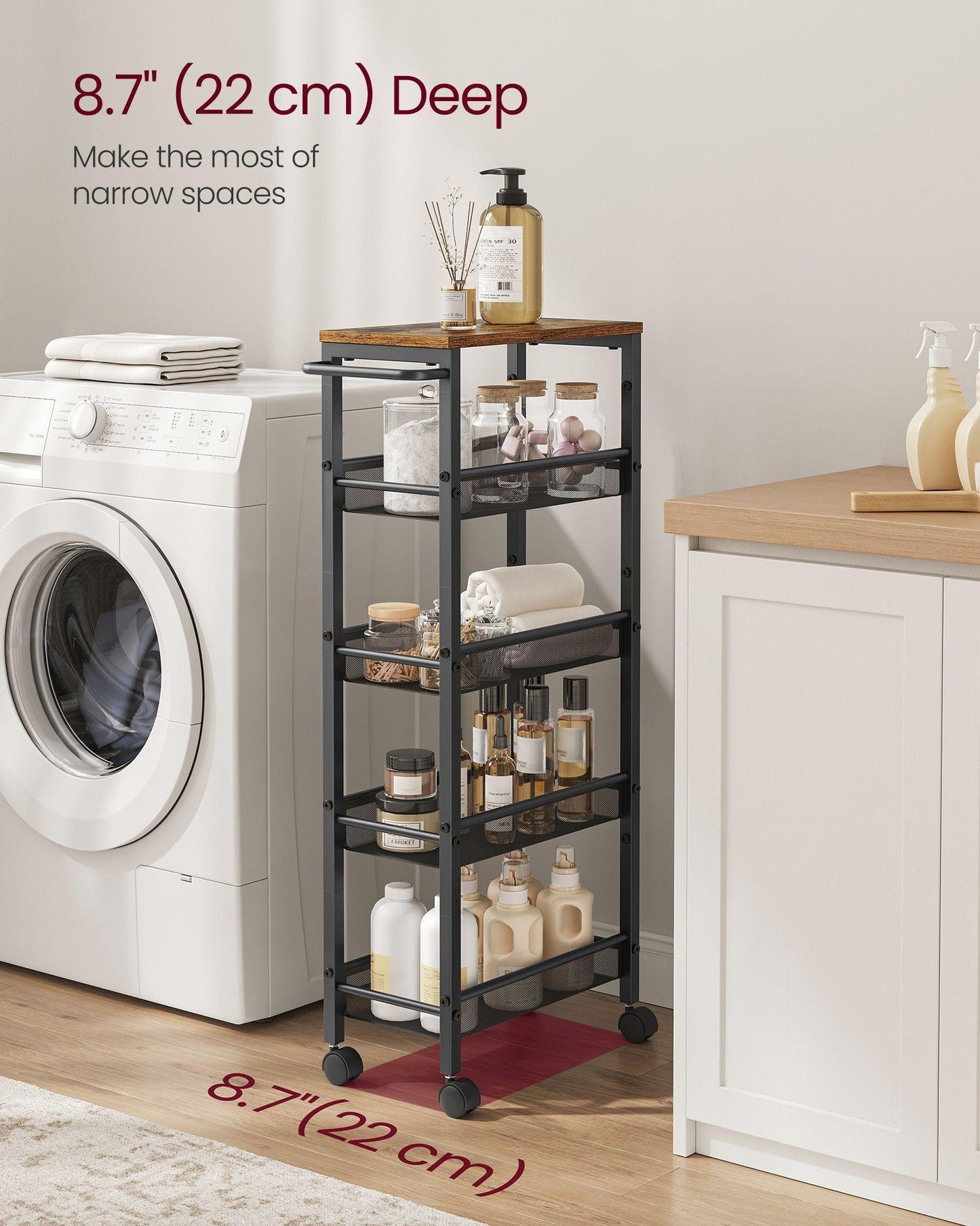 5-Tier Rolling Storage Cart Rustic 8.7 Inches Deep FredCo