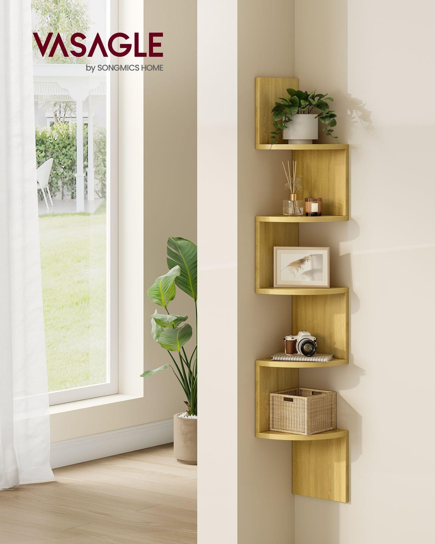 5-Tier Wall-Mounted Corner Shelf Natural Oak FredCo