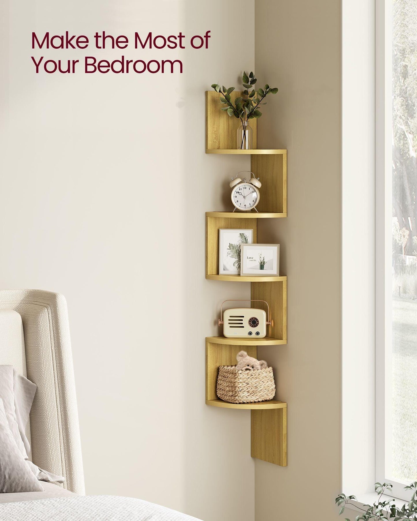 5-Tier Wall-Mounted Corner Shelf Natural Oak FredCo