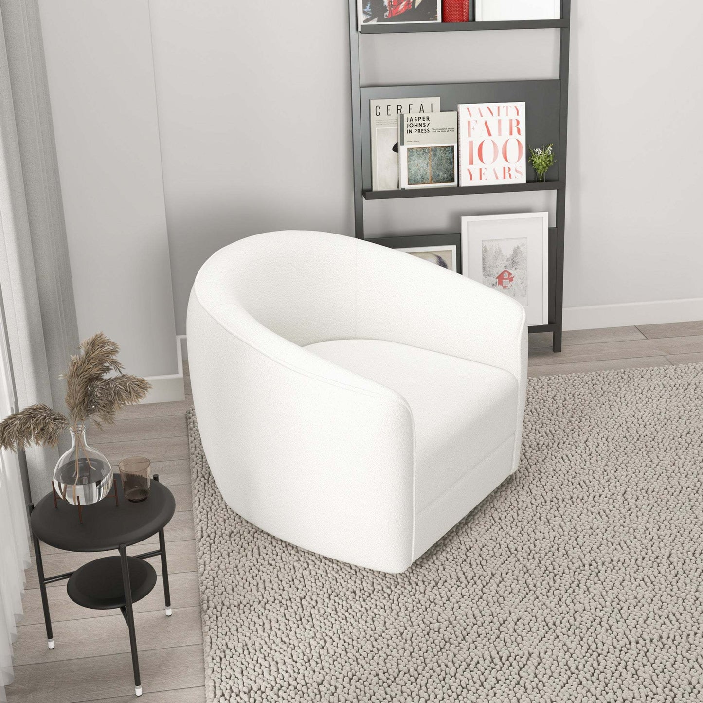 High Quality Elise Mid Century Modern Beige Boucle Swivel Chair with Elegant Design and Multi-functional Use 34.2W'x 30D'x 30H' Swivel Round Chairs for Living Room Bedroom Reading, White FredCo