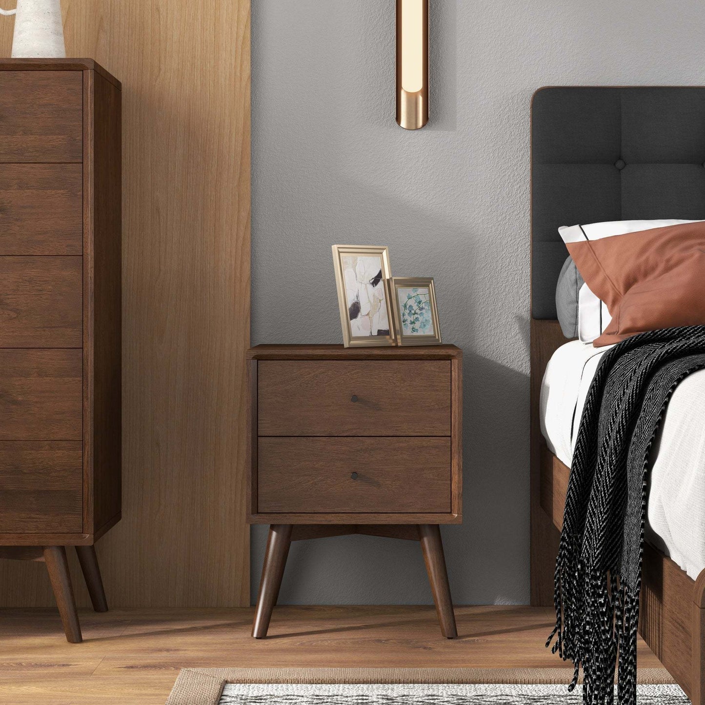Mid-Century Modern Caroline Night Stand 2-Drawer Dark Brown Solid Wood 23.6'H x 17.7'W x 15.7'D for Bedroom, Closet, Dorm FredCo
