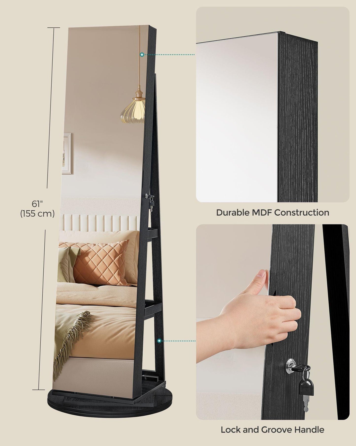 6 LEDs Lockable Mirror Jewelry Cabinet FredCo