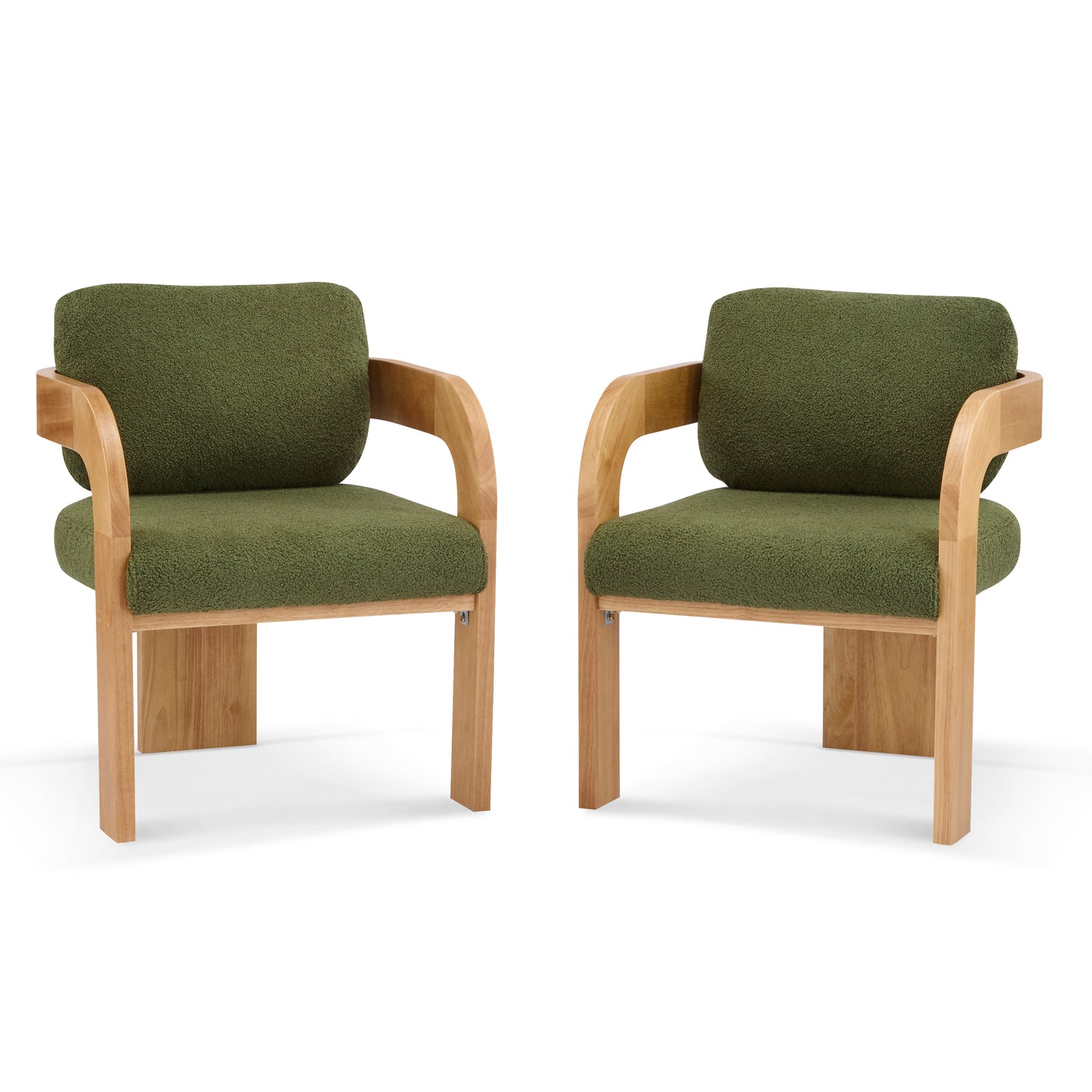 2-Pack Dining Chairs with Pillow Back, Green Boucle Fabric, Natural Color Solid Wood Frame FredCo