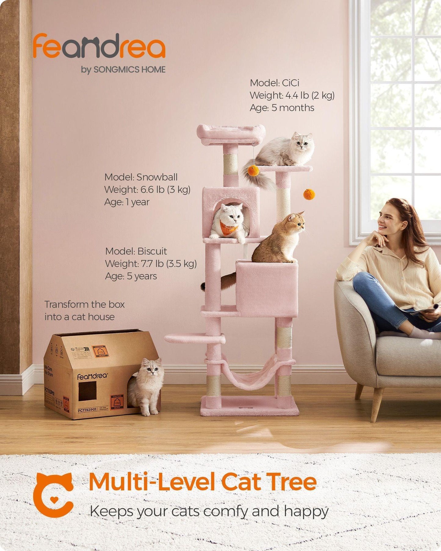 61" Tall Multi-Level Cat Tree with Scratching Posts Jelly Pink FredCo
