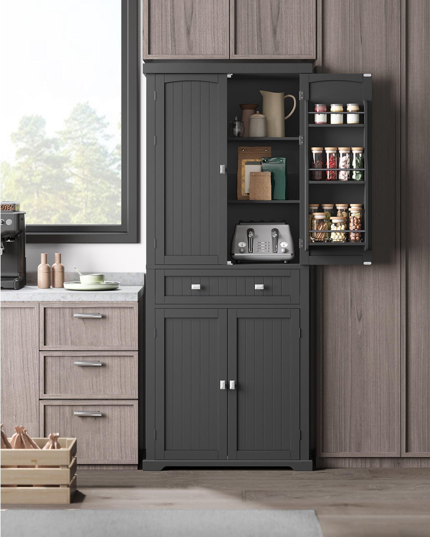 71.9" Tall Kitchen Pantry Storage Cabinet Ink Black FredCo