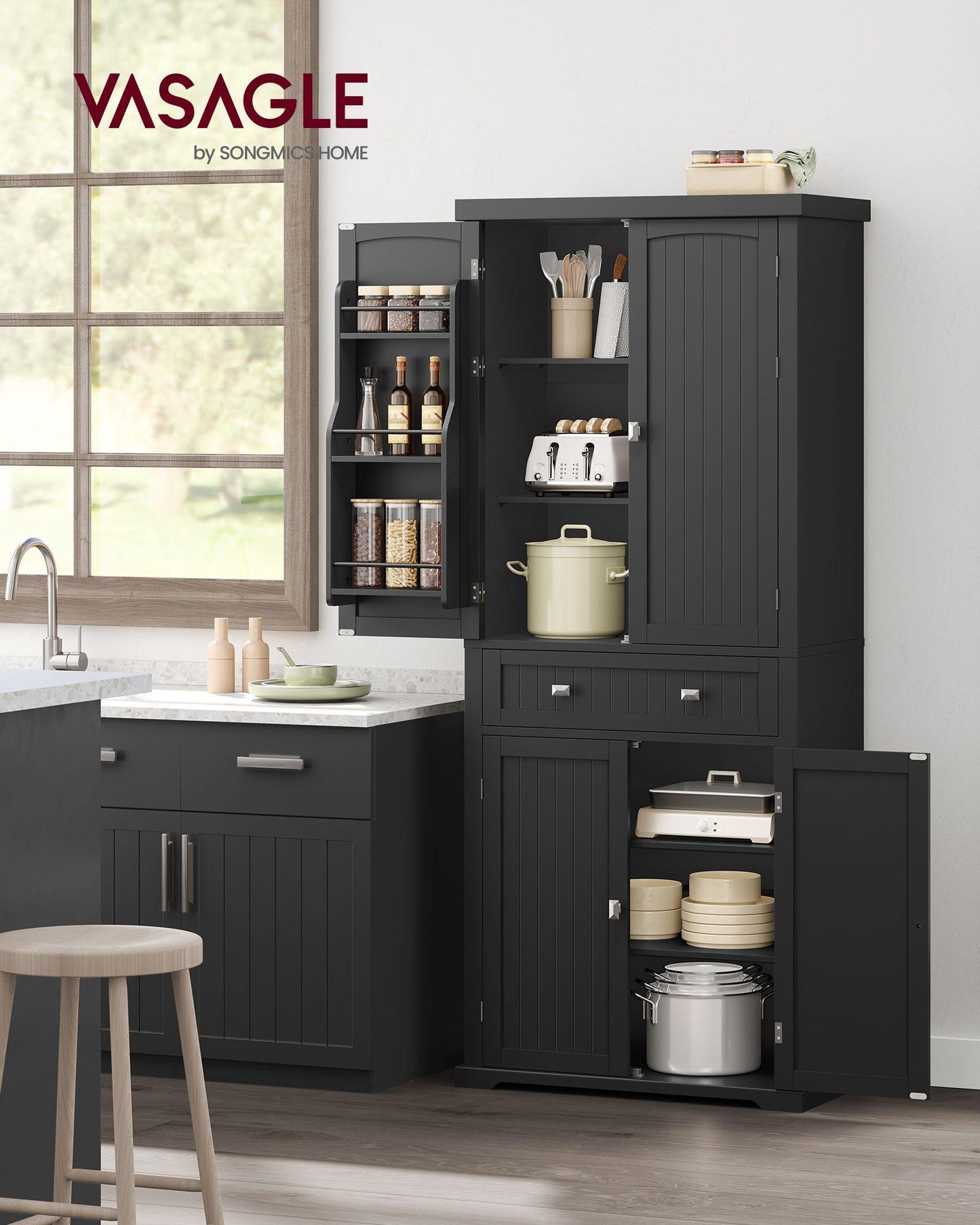 71.9" Tall Kitchen Pantry Storage Cabinet Ink Black FredCo