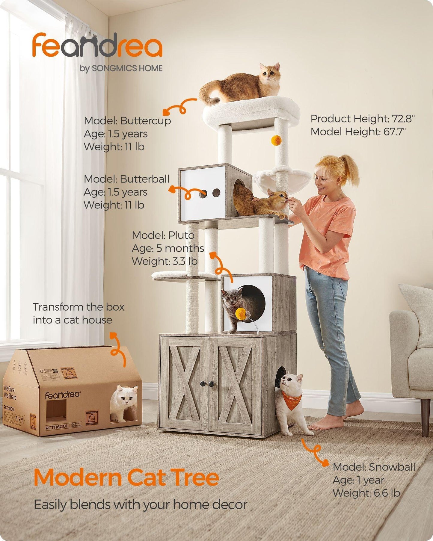 72.8-Inch Tall Cat Tree with Litter Box Enclosure FredCo
