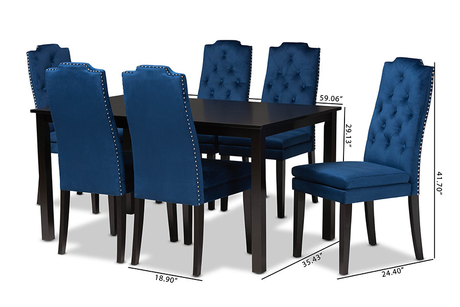 Baxton Studio Dylin Modern and Contemporary Navy Blue Velvet Fabric Upholstered and Dark Brown Finished Wood 7-Piece Dining Set