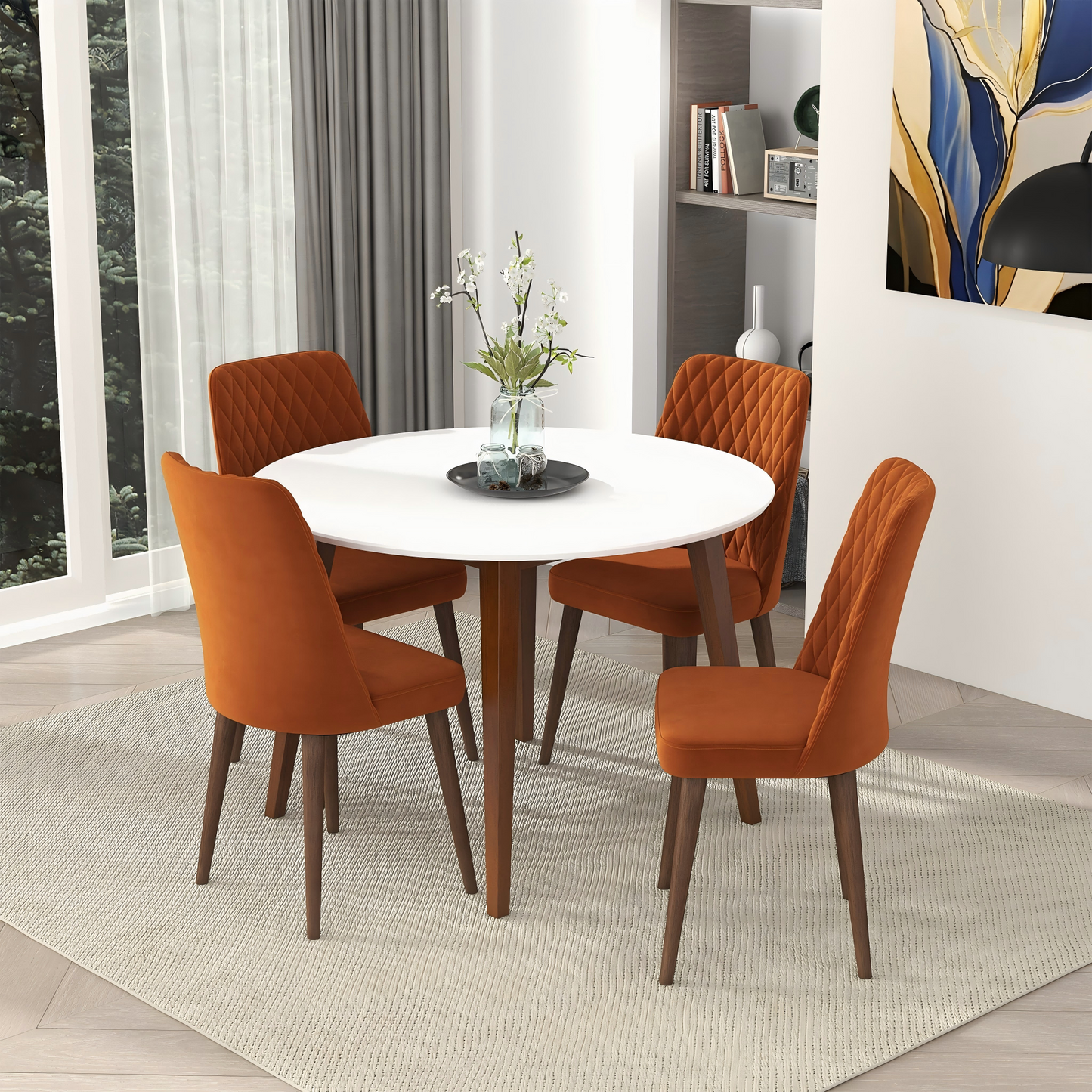 Modern dining room set with white round table and four orange chairs in bright home interior