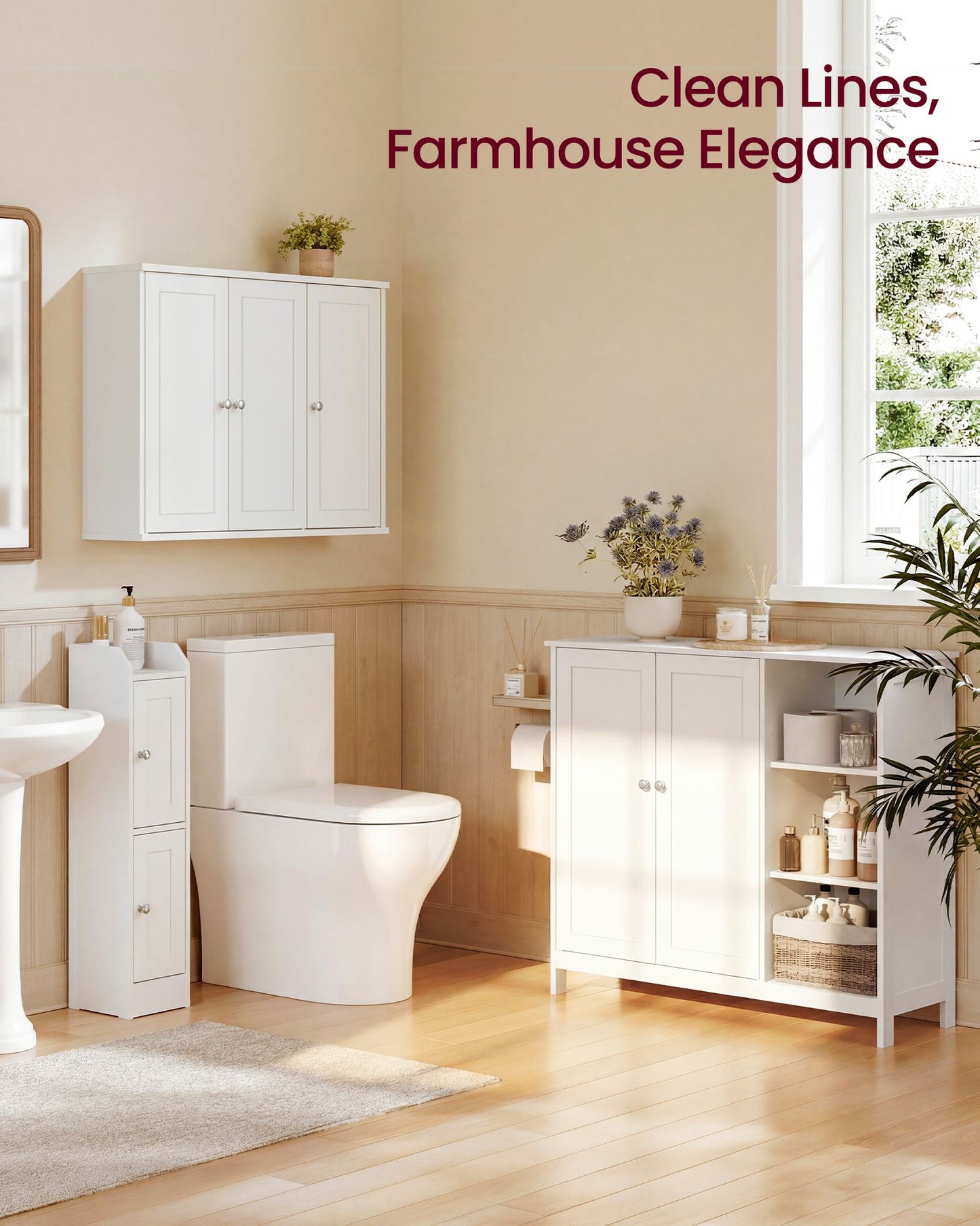 VASAGLE Farmhouse Wall Cabinet with Three Doors and Adjustable Shelf