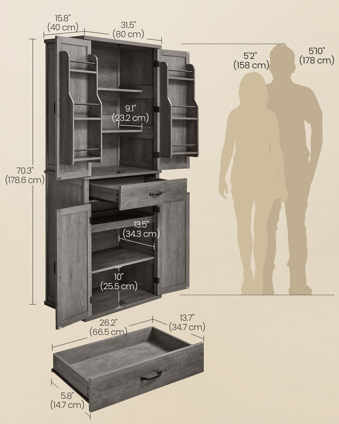 VASAGLE Liry Pantry Cabinet with Barn Doors – Misty Gray