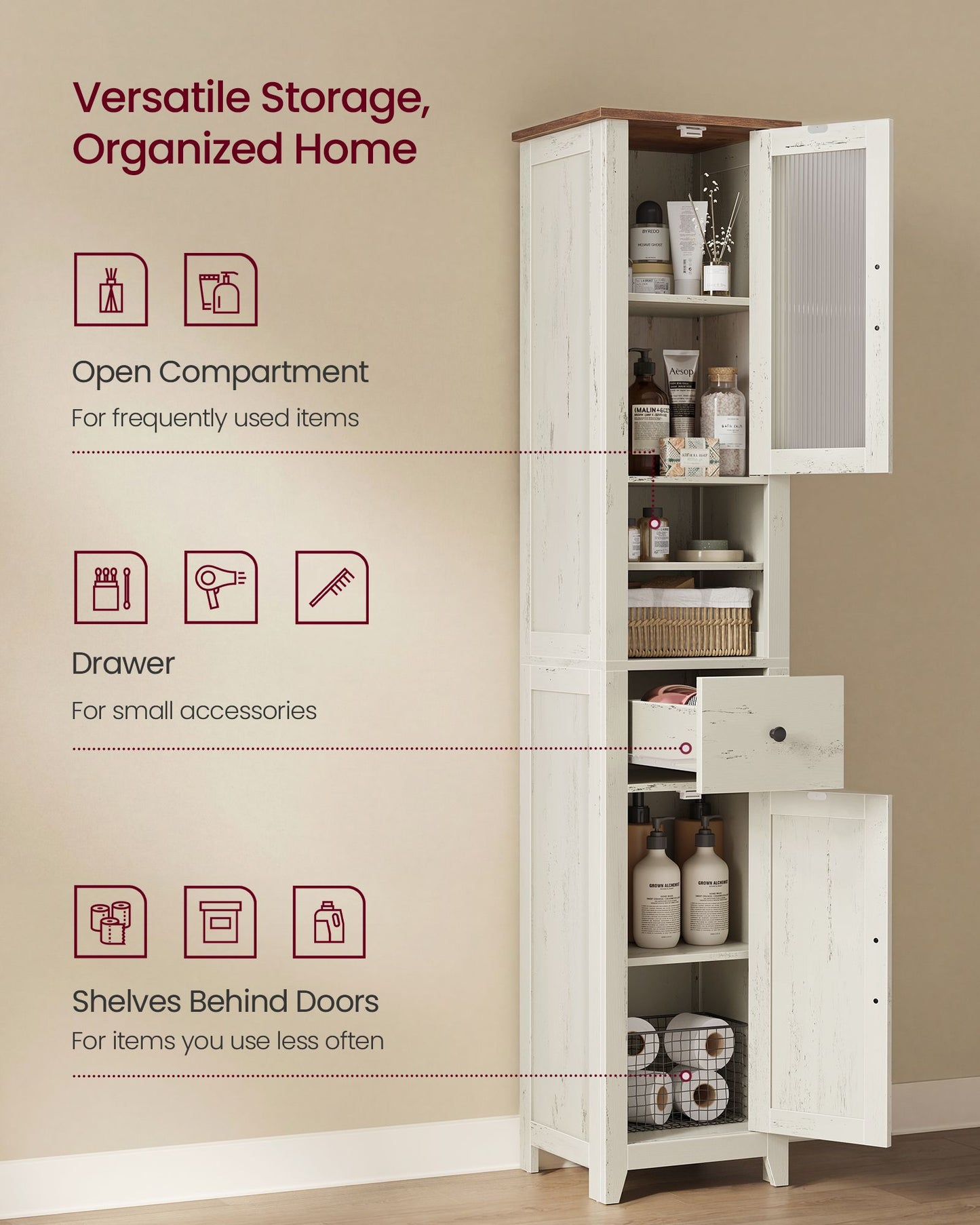 VASAGLE Tall Farmhouse Bathroom Cabinet with Drawer and Doors