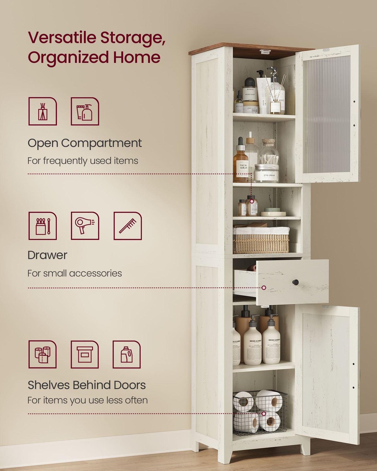 VASAGLE Tall Narrow Freestanding Bathroom Cabinet with Drawer and Doors