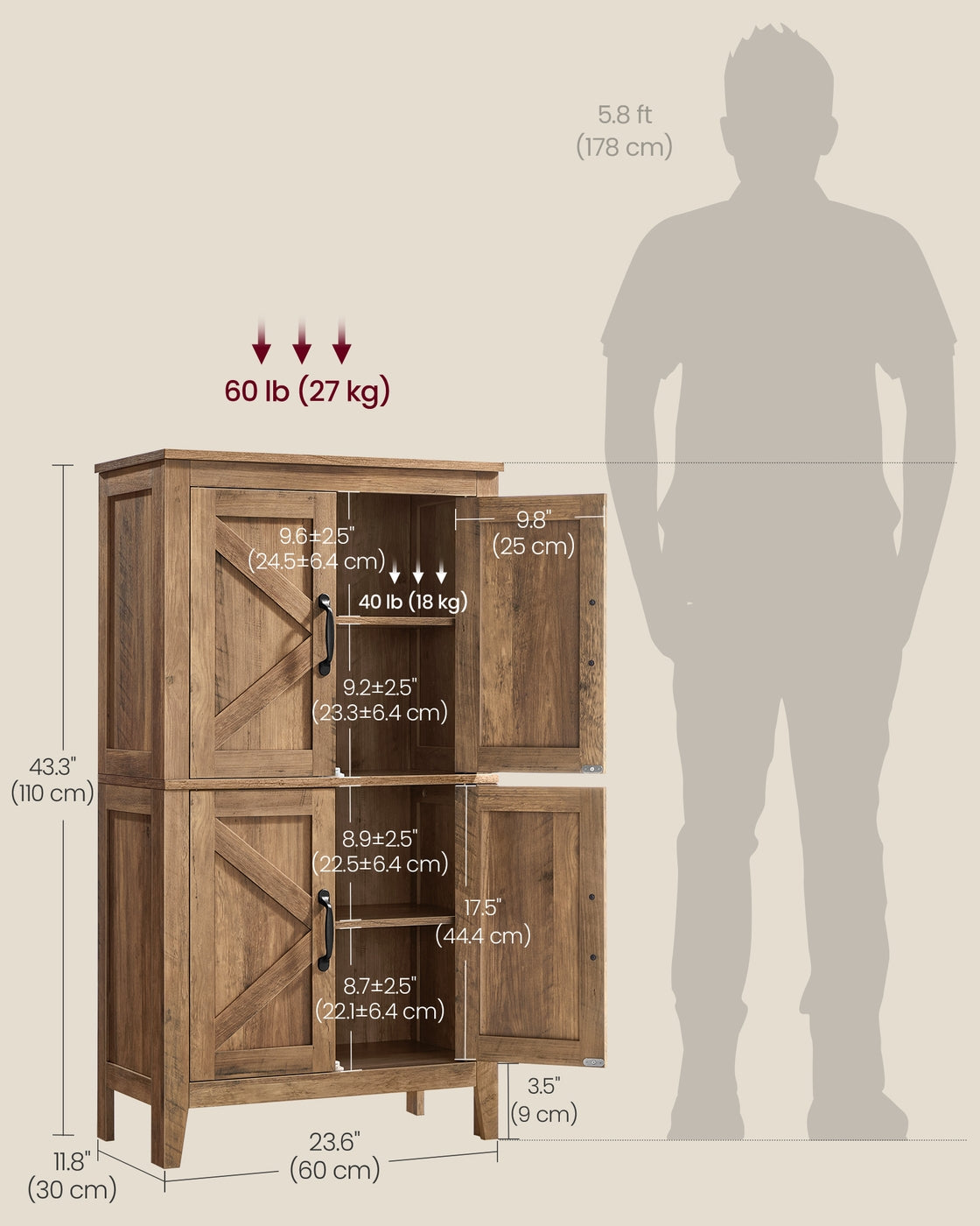 VASAGLE Liry Farmhouse Storage Cabinet with Barn Doors – Honey Brown