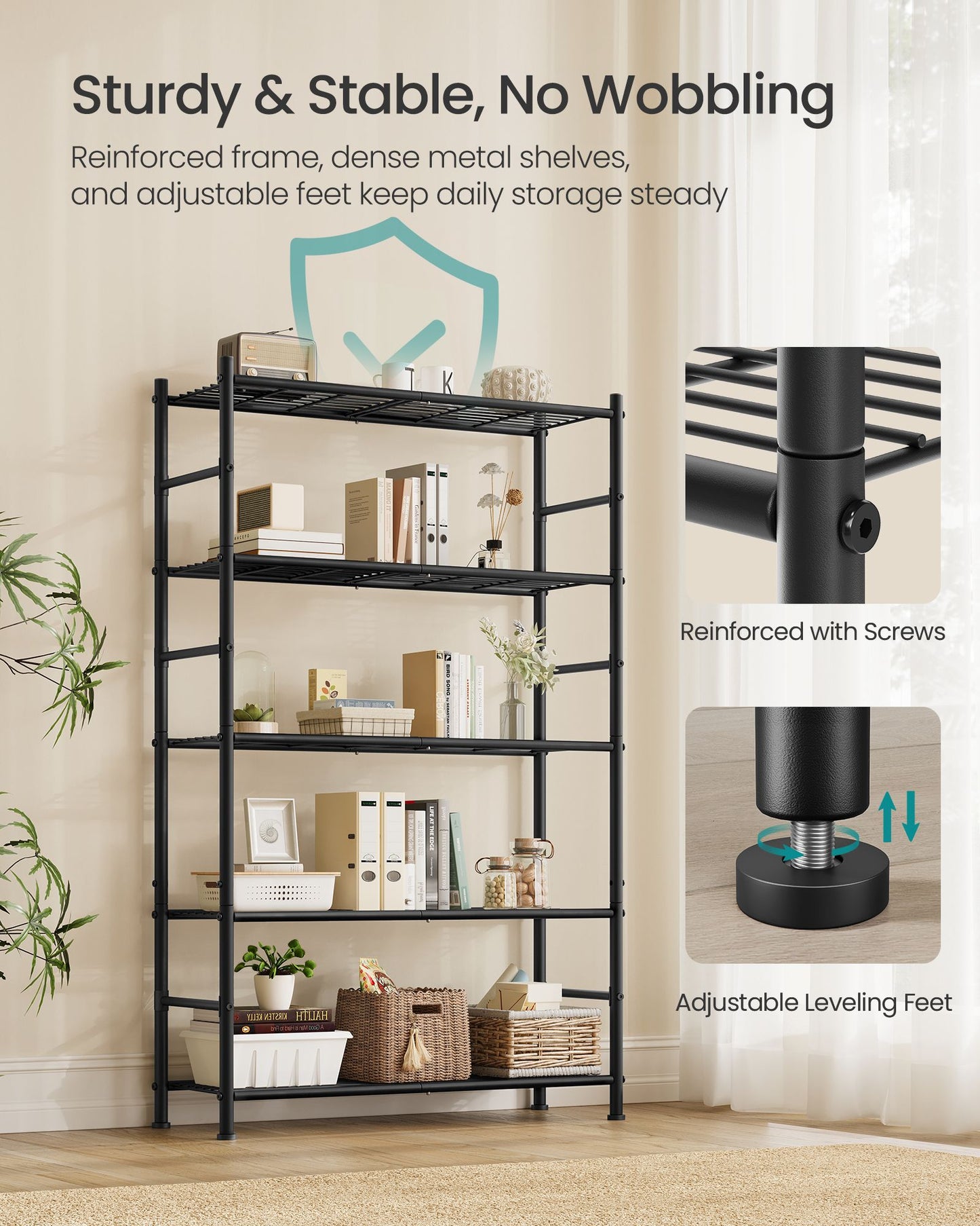 SONGMICS 5-Tier Metal Storage Shelf Heavy-Duty Adjustable Wire Shelving Unit for Kitchen – Matte Black