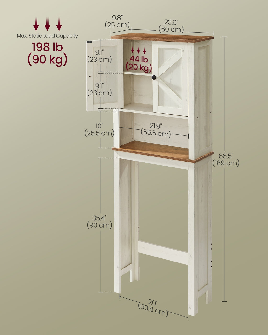 VASAGLE Liry Over the Toilet Storage Cabinet with Barn Doors and Adjustable Shelf – Rustic White – 9.8"D x 23.6"W x 66.4"H