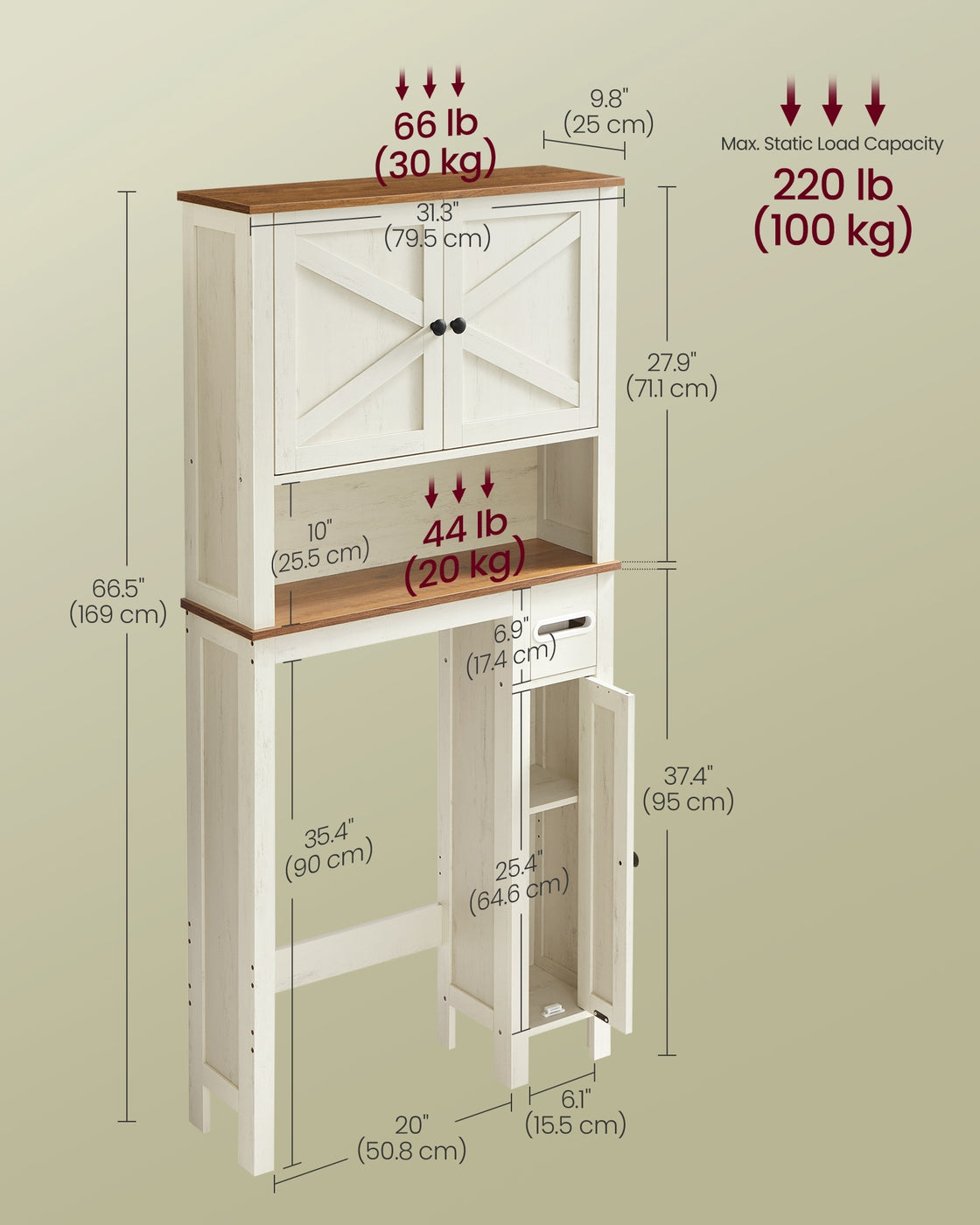VASAGLE Liry Over the Toilet Storage Cabinet with Barn Doors and Adjustable Shelf – Rustic White – 9.8"D x 31.8"W x 66.9"H