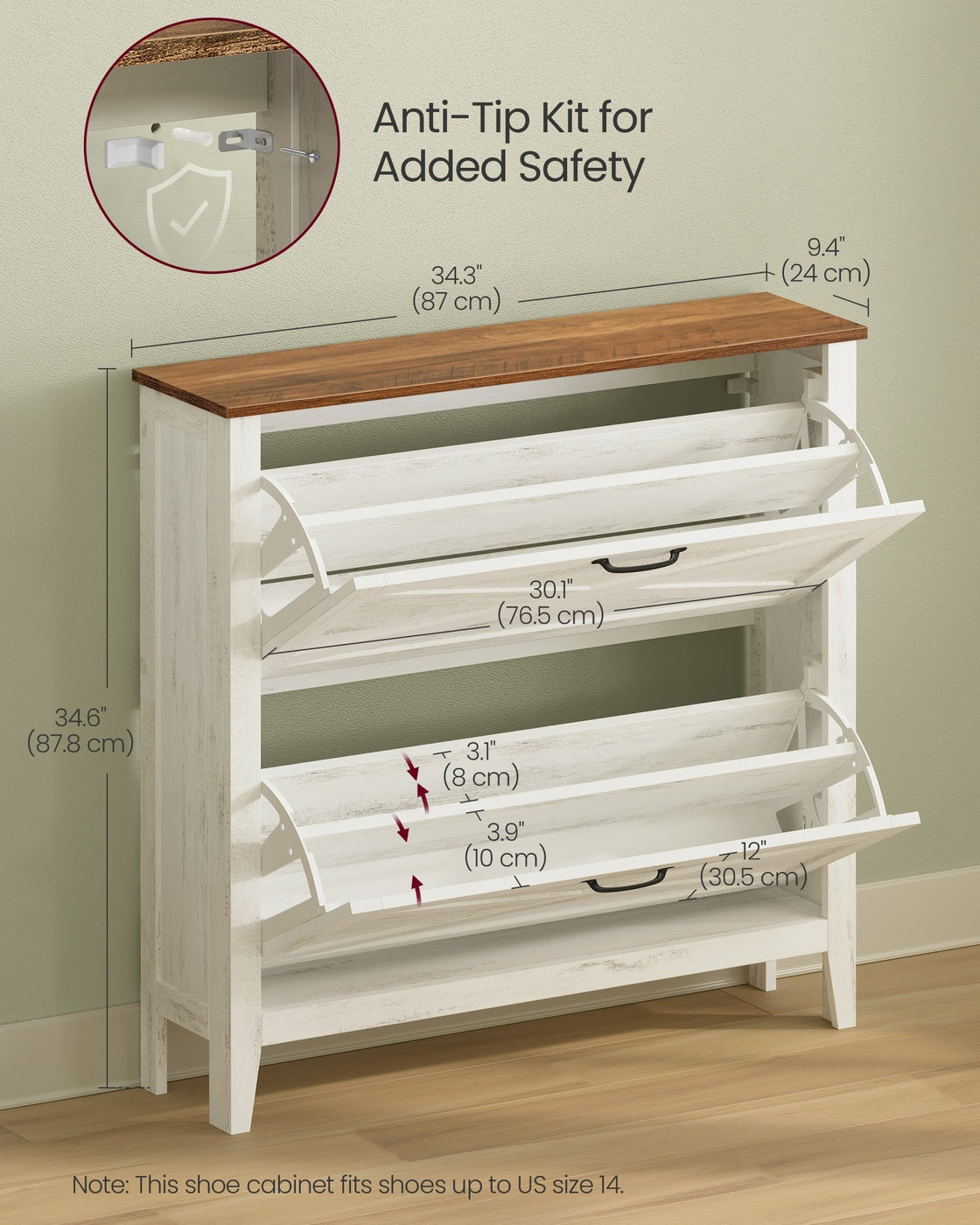 VASAGLE Liry Shoe Storage Cabinet Organizer with 2 Flip Drawers Fits 12 to 16 Pairs Rustic White | UHSC201W01