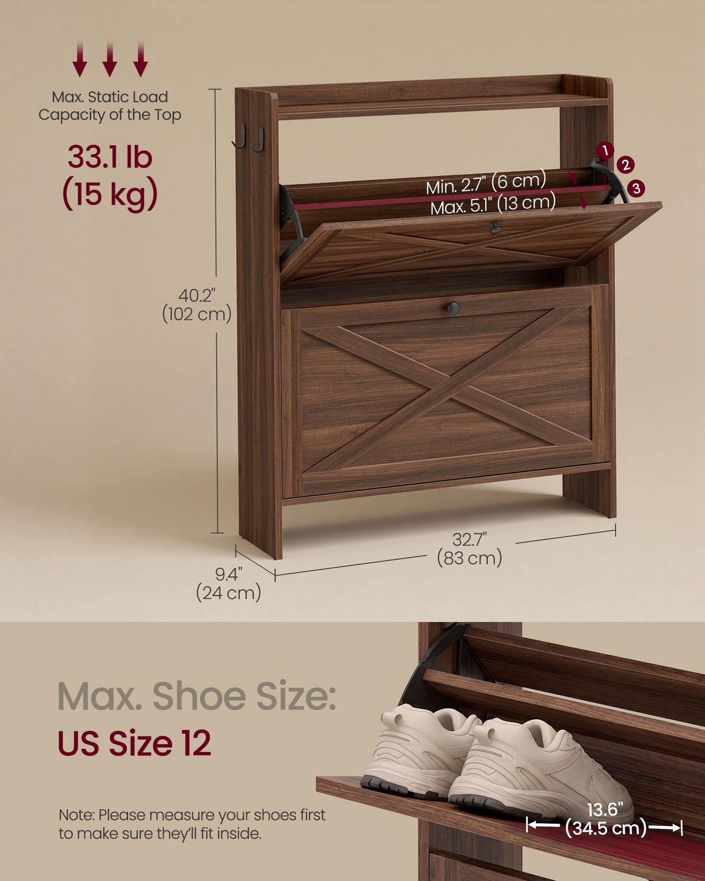 VASAGLE Shoe Storage Cabinet Organizer with 2 Flip Drawers – Chestnut Walnut