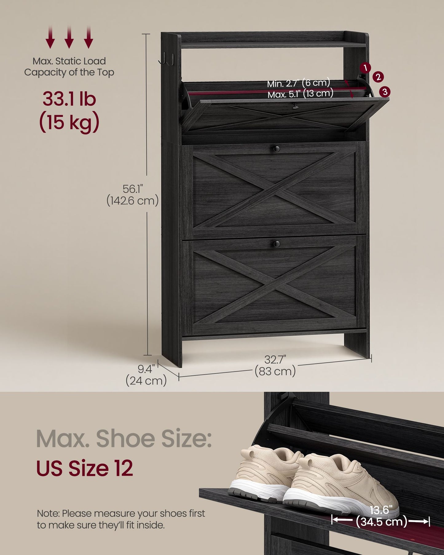 VASAGLE Shoe Storage Cabinet Organizer with 3 Flip Drawers – Smoky Black