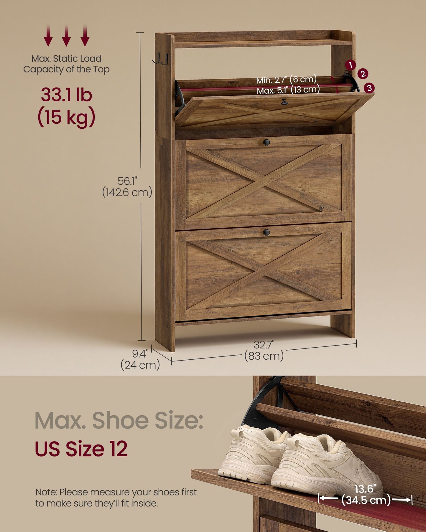 VASAGLE Shoe Storage Cabinet Organizer with 3 Flip Drawers – Rustic Brown