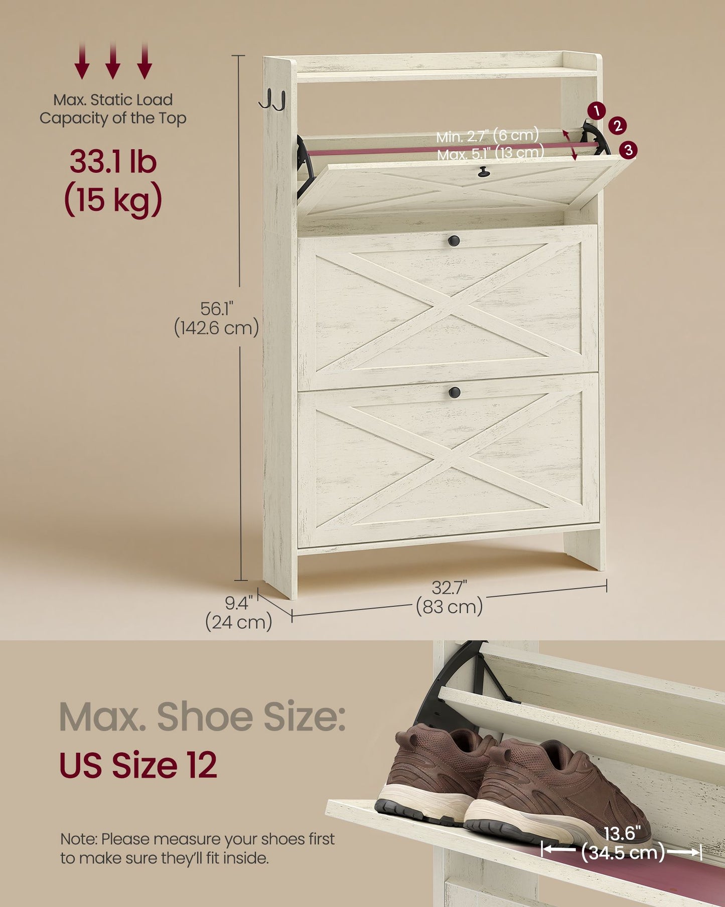 VASAGLE Shoe Storage Cabinet Organizer with 3 Flip Drawers – Cloud Creek White