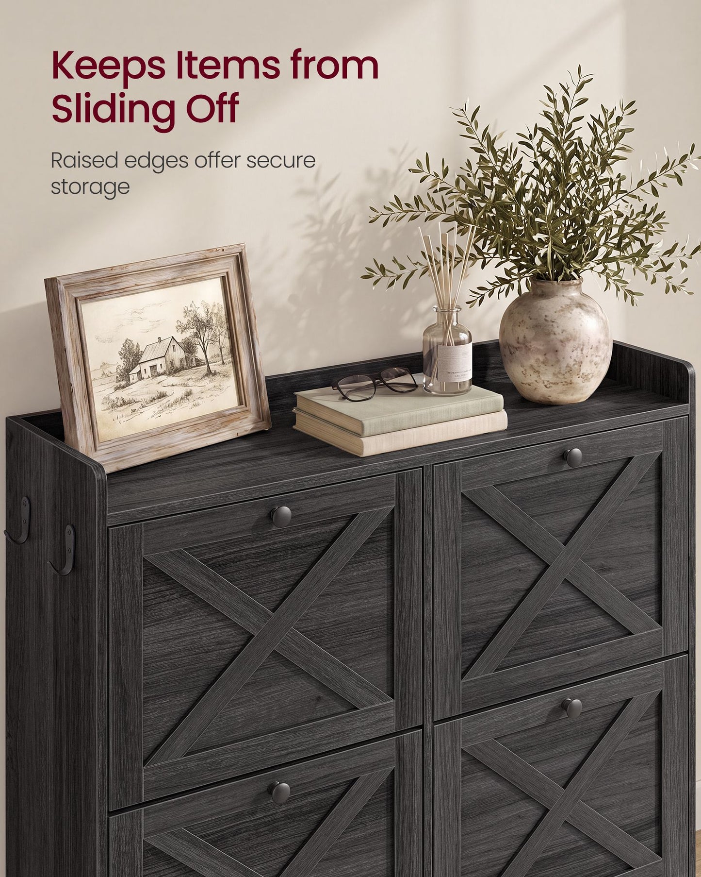 VASAGLE Farmhouse Shoe Cabinet with 4 Flip Drawers – Smoky Black