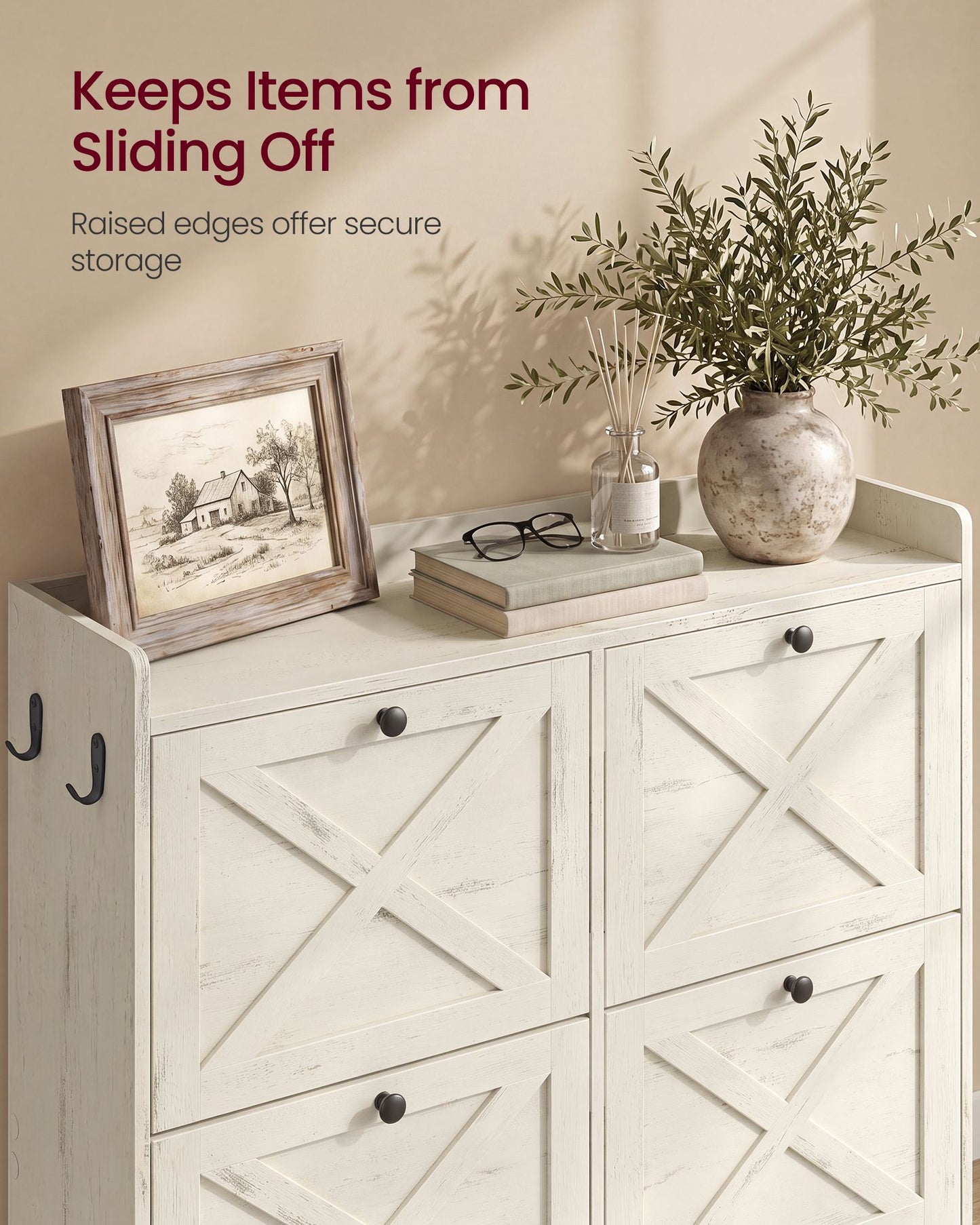 VASAGLE Farmhouse Shoe Cabinet with 4 Flip Drawers – Cloud White