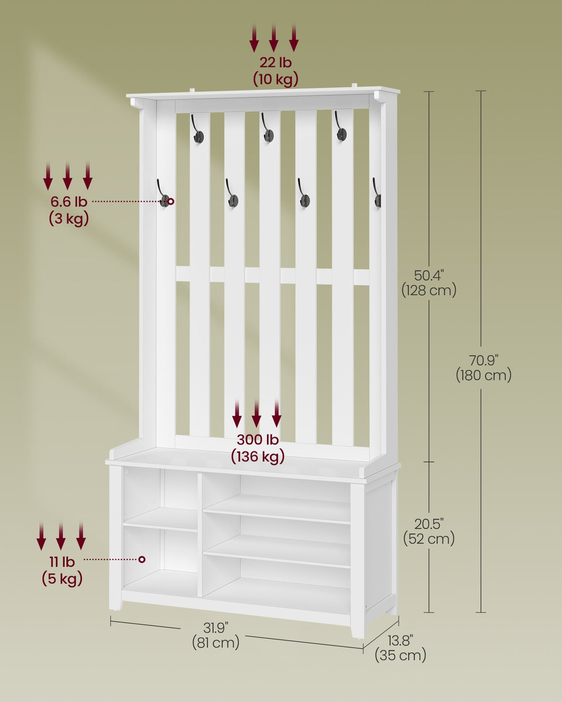 VASAGLE Hall Tree Coat Rack, Shoe Bench, 13.8 X 31.9 X 70.9 Inches, White – Matte White