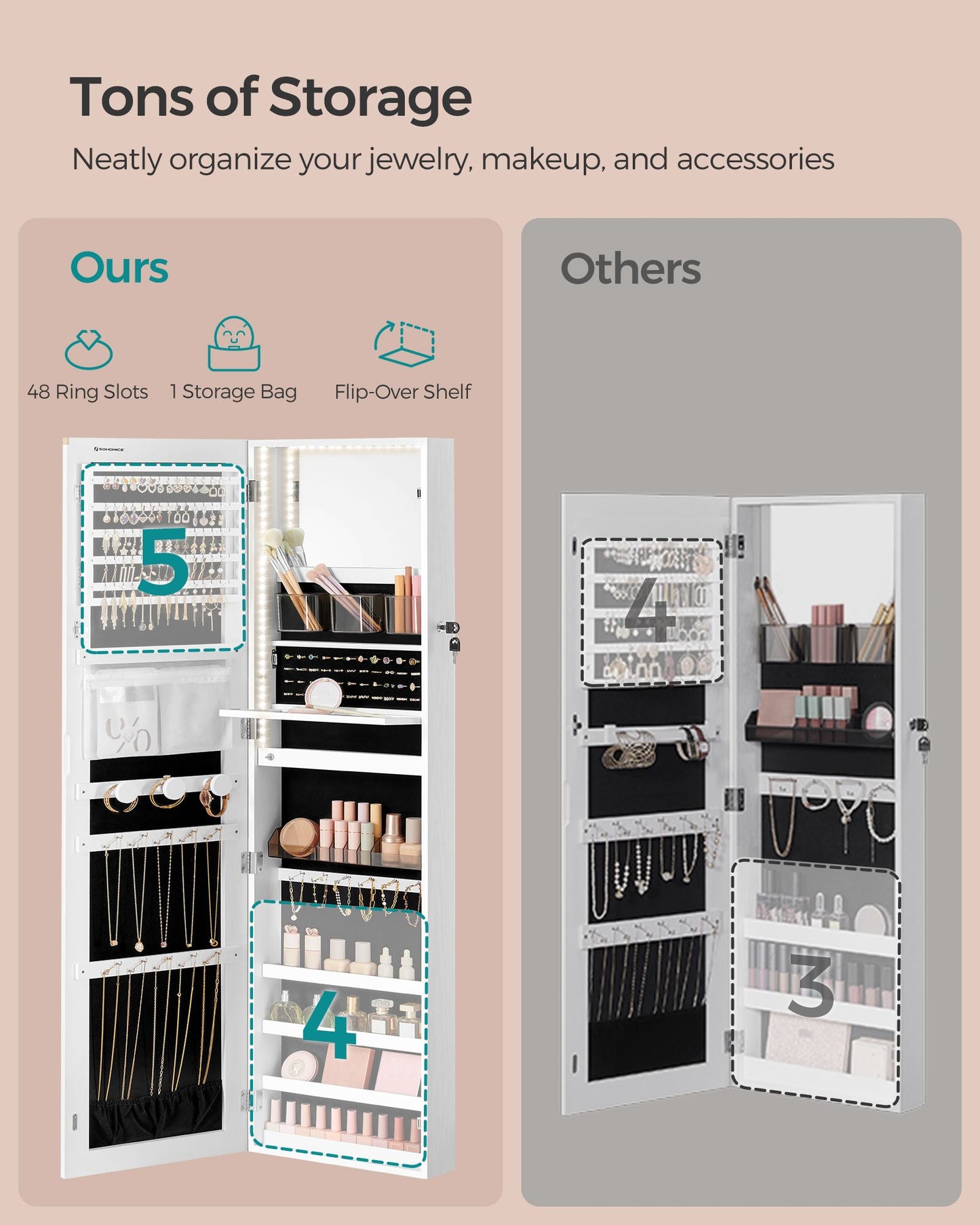 SONGMICS 55 Inches Tall Spacious Jewelry Cabinet – Cloud White