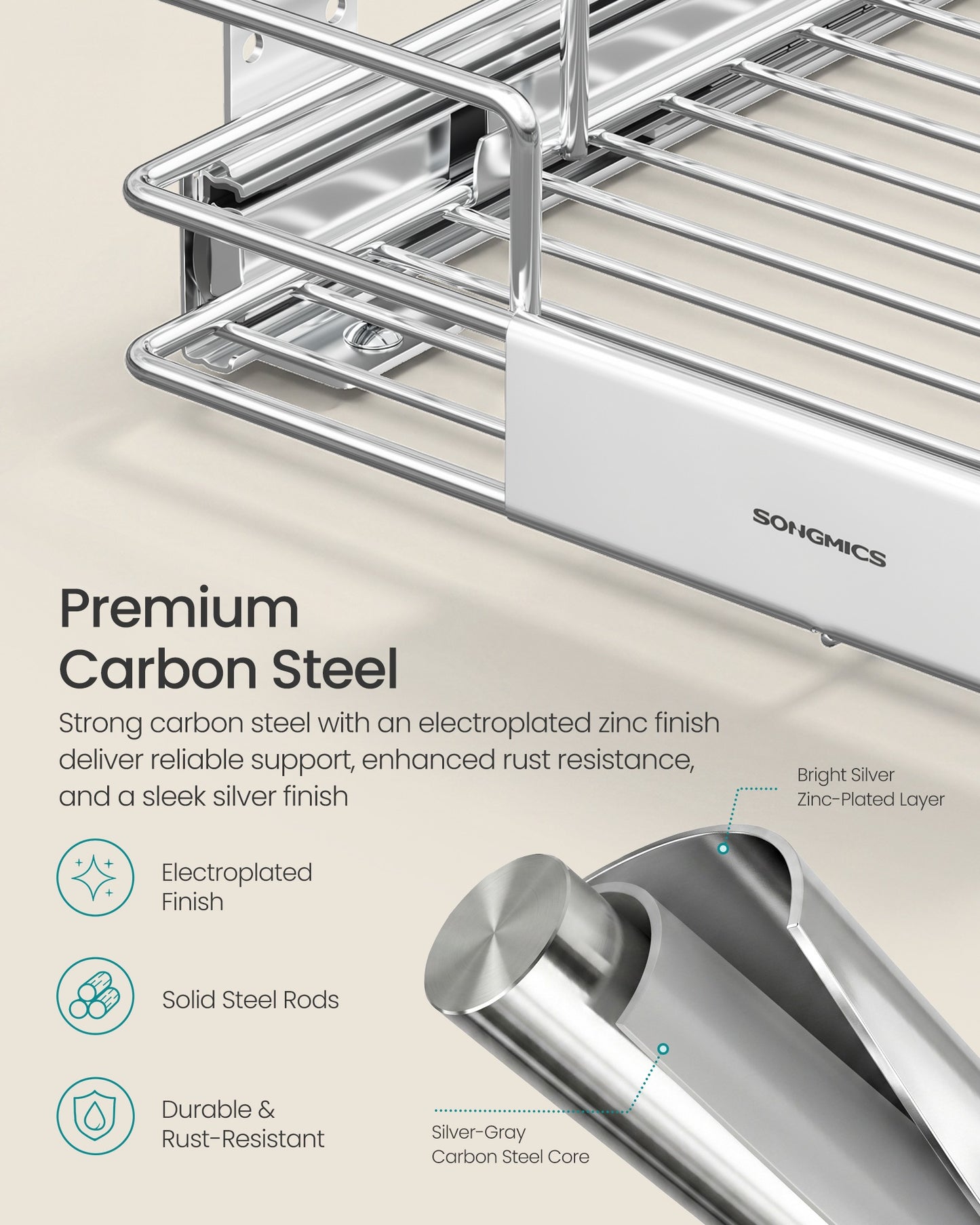 SONGMICS Pull Out Pantry Shelf, Heavy Duty Steel, Slide Out Drawer, 21.3"X20.5"X5.3", Silver