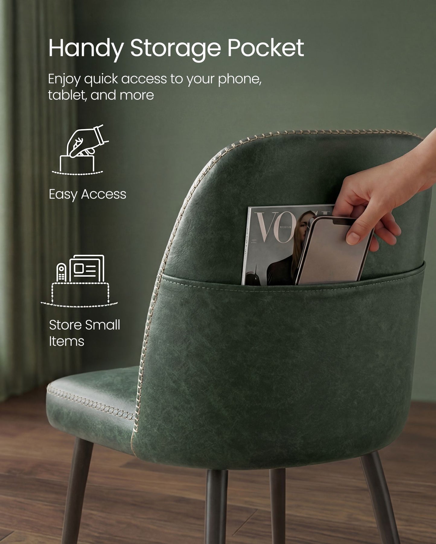 VASAGLE Dining Chairs Set of 6, Upholstered Kitchen Chairs Synthetic Leather with Stitching – Forest Green