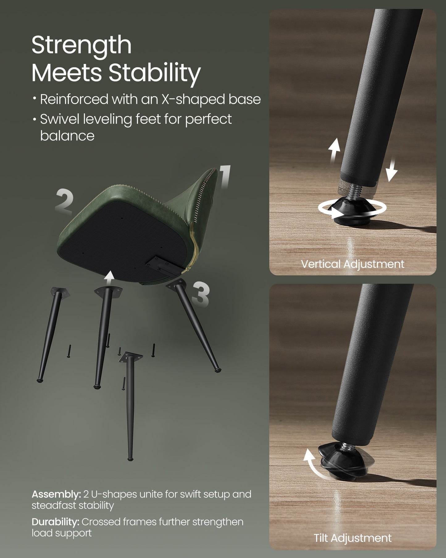 VASAGLE Dining Chairs Set of 4, Upholstered Kitchen Chairs Synthetic Leather with Stitching – Forest Green