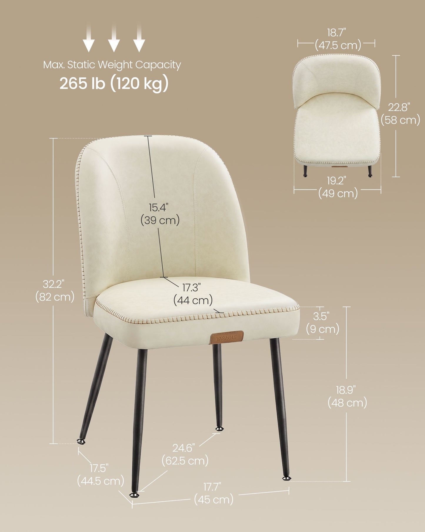 VASAGLE Dining Chairs Set of 6, Upholstered Kitchen Chairs Synthetic Leather with Stitching – Cream White