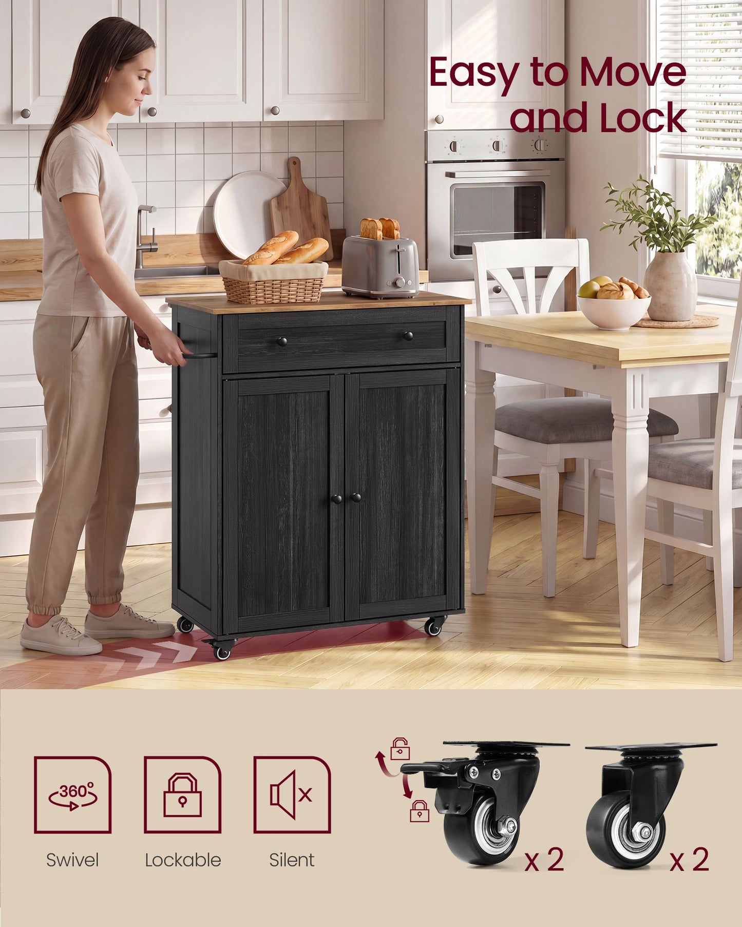 VASAGLE Wooden Mobile Kitchen Island Cart with Storage – Charcoal Gray, Honey Brown