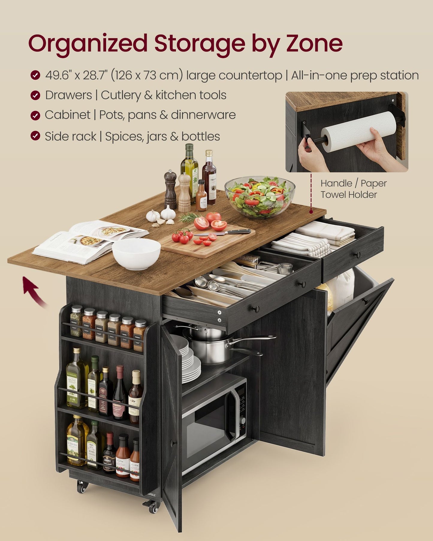 VASAGLE Mobile Kitchen Island with Trash Can Storage, Drop Leaf, Portable Island with Spice Rack | UKKI014BJ01S