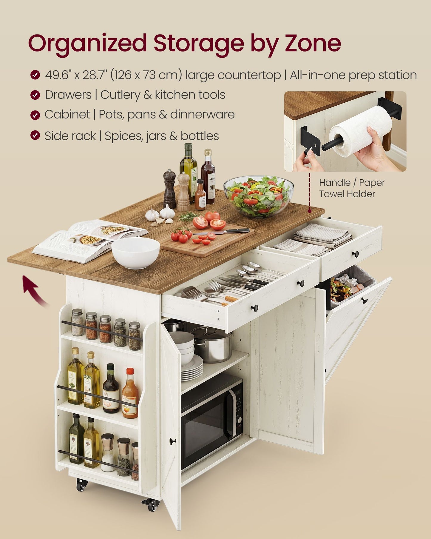 VASAGLE Mobile Kitchen Island with Trash Can Storage, Drop Leaf, Portable Island with Spice Rack | UKKI014WJ01S