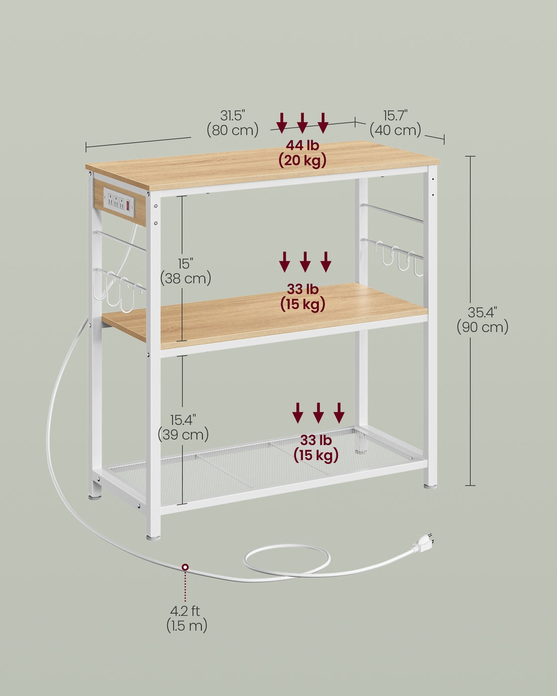VASAGLE Metal Kitchen Island with Power Outlet and Hooks – Golden Oak, White