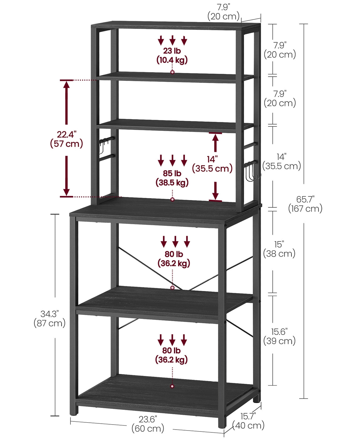 VASAGLE 6-Tier Kitchen Baker’S Rack, Microwave Stand, 6 Hooks, 15.8"X23.6"X65.8" – Charcoal Gray, Matte Black
