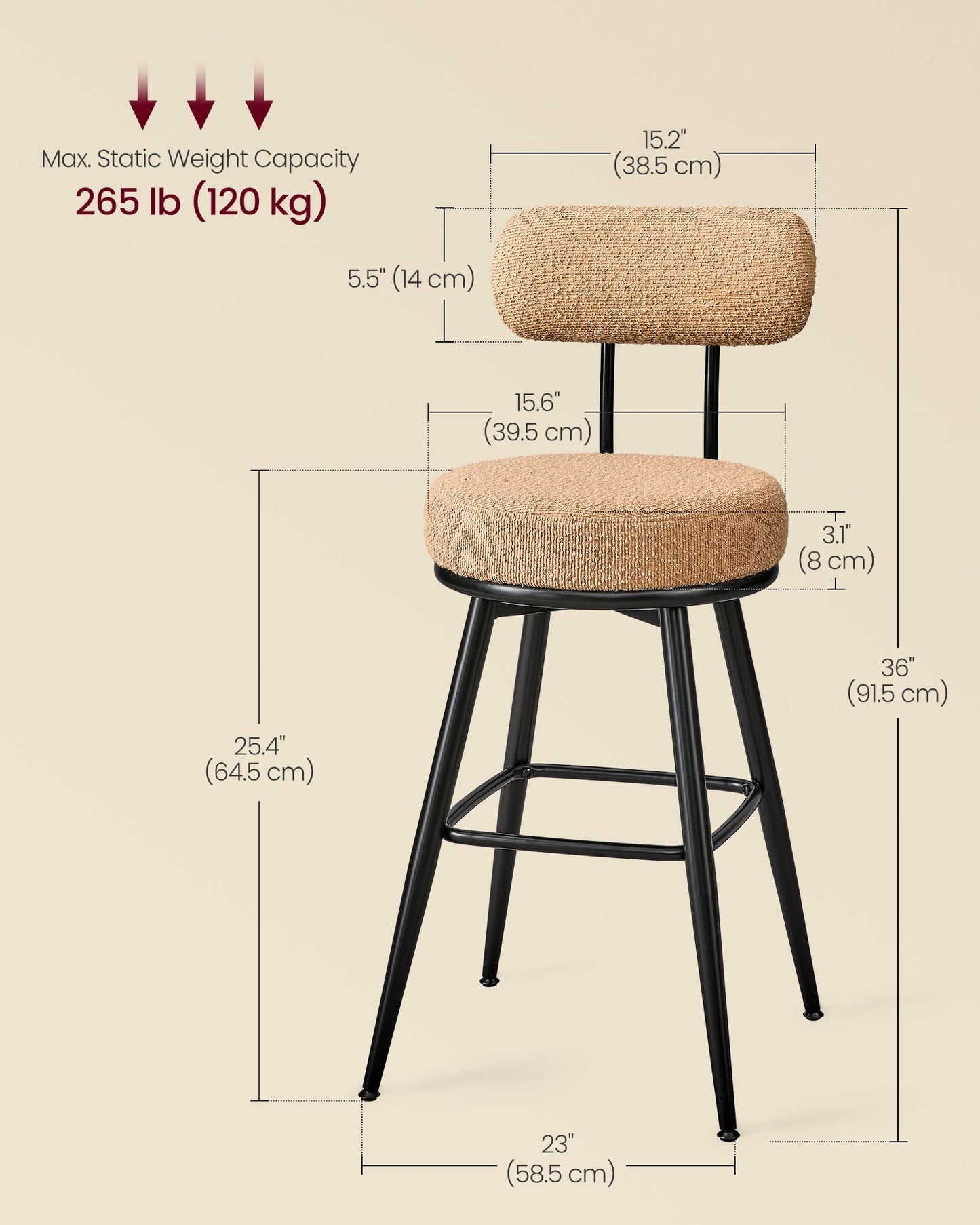 VASAGLE 360° Swivel Bar Stools Set of 2 – Camel Brown