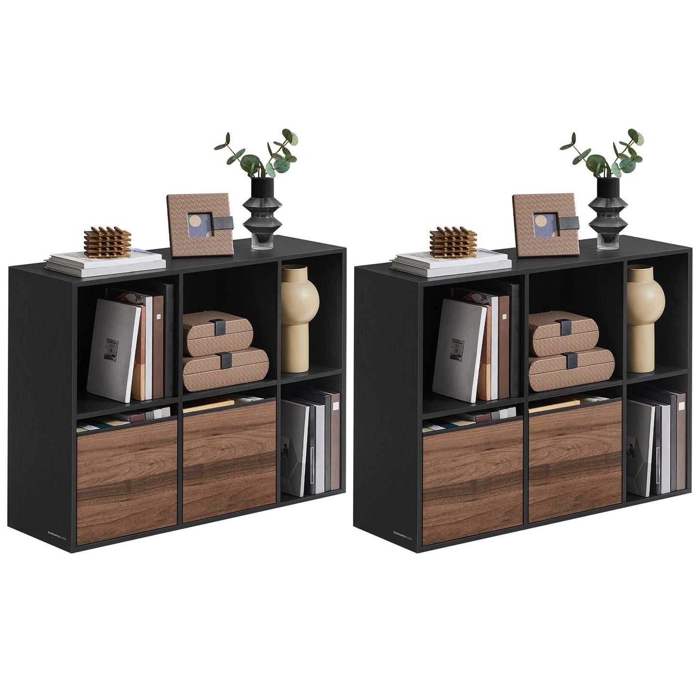 SONGMICS HOME Bookshelf, Superfast Toolless Assembly, Cube Storage Organizer with 6 Compartments – Natural Walnut, Ebony Black