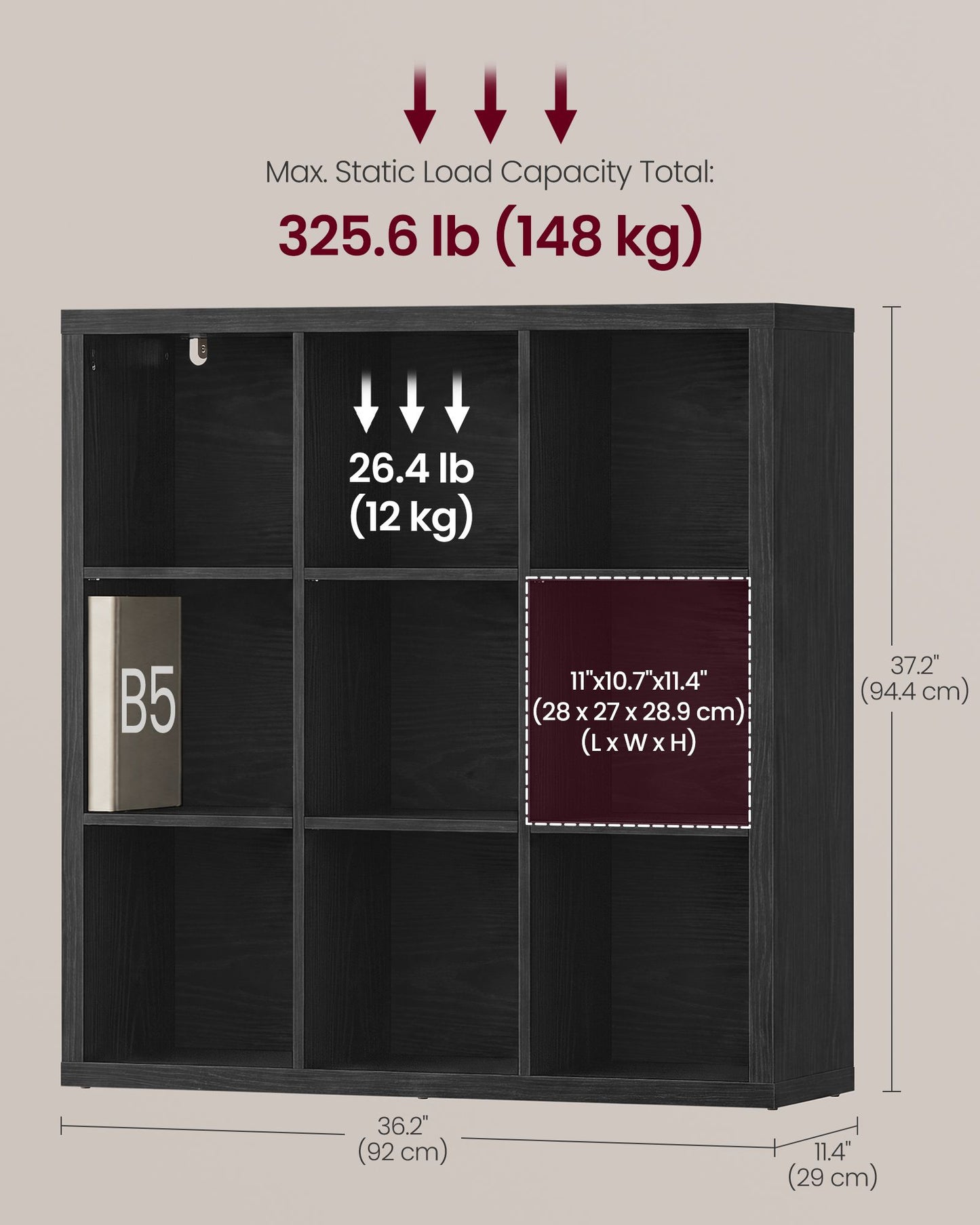 VASAGLE 9-Cube Bookshelf, Adjustable Storage Shelf Modern Display Cabinet for Living Room Storage – Ebony Black