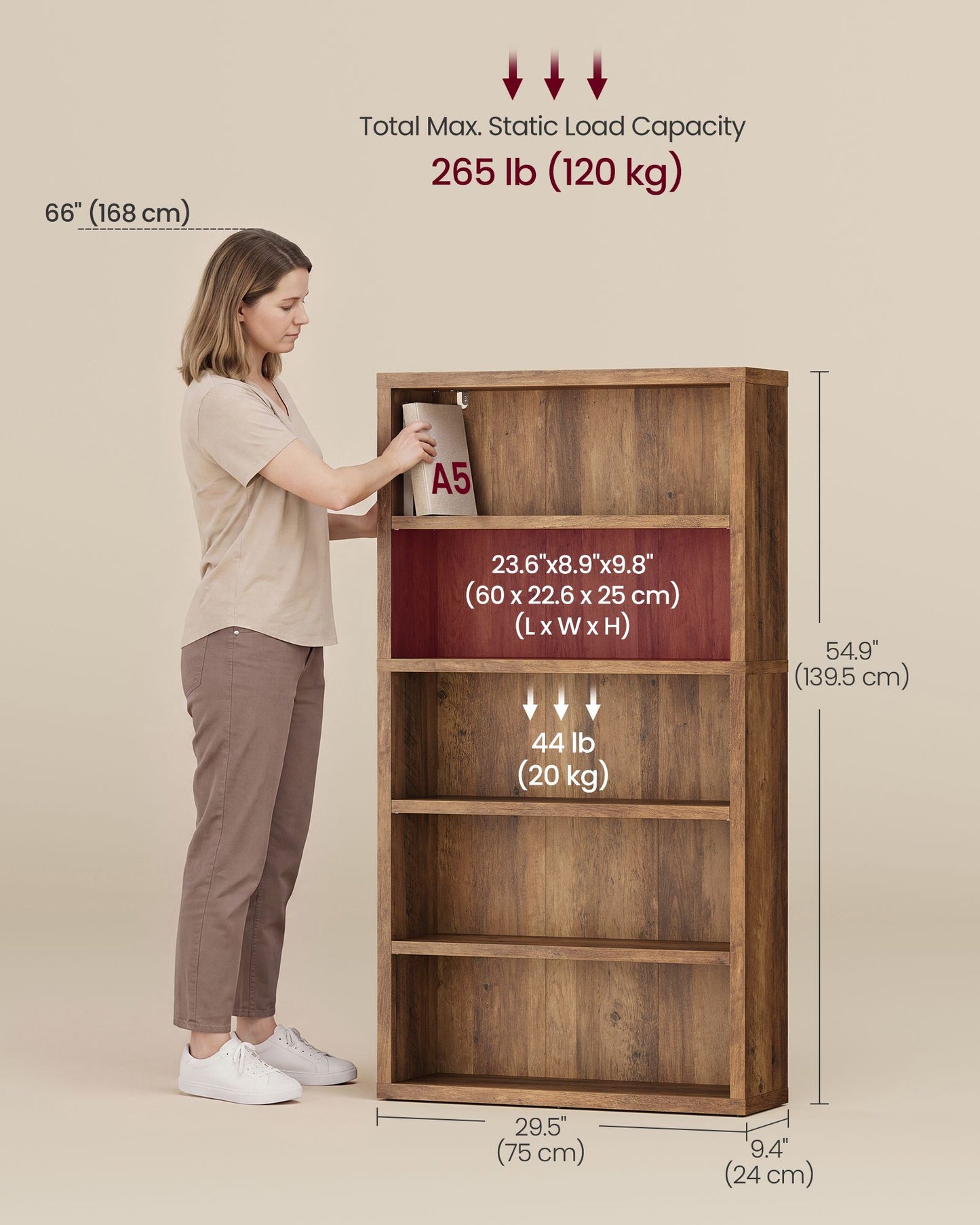 VASAGLE 5-Tier Bookshelf, Minimalist Bookcase with Adjustable Shelves Room Storage – Honey Brown
