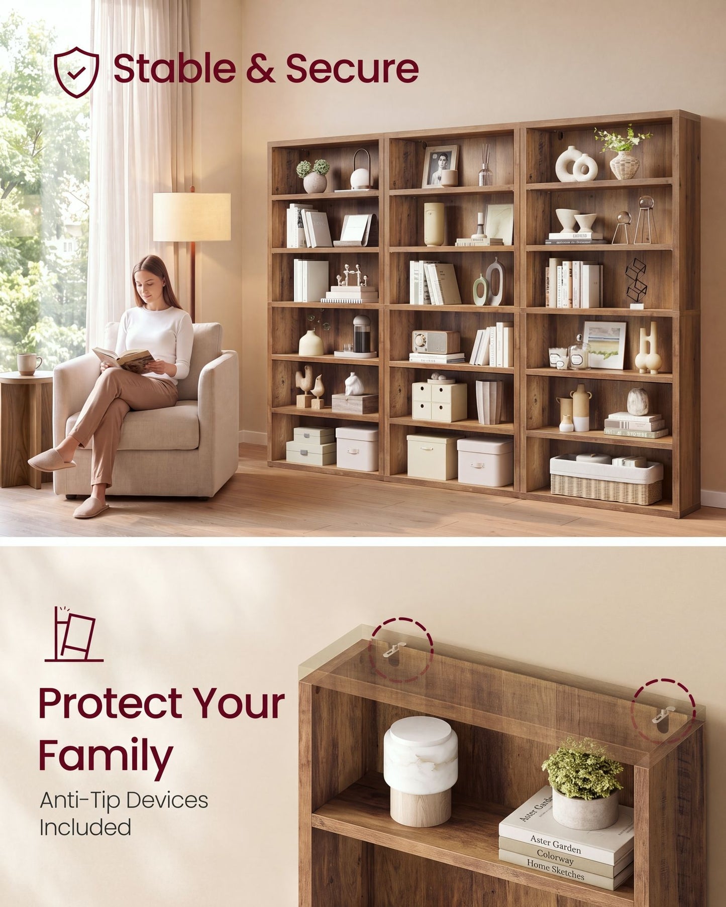 VASAGLE 6-Tier Bookshelf, Minimalist Bookcase with Adjustable Shelves Room Storage – Honey Brown
