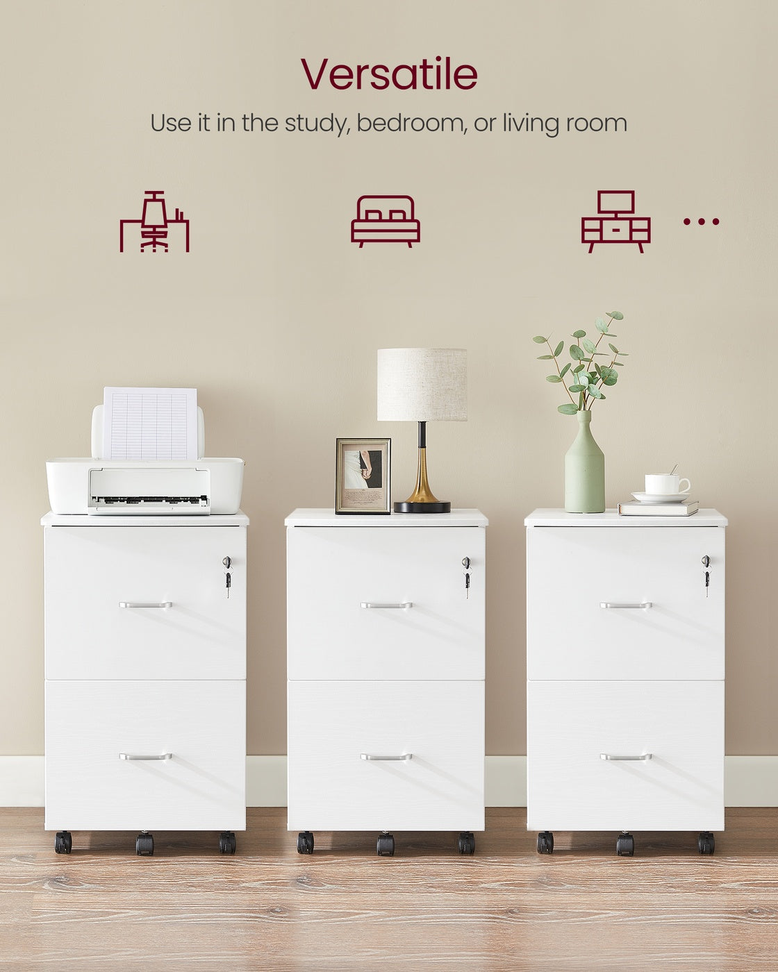 VASAGLE 2-Drawer Rolling File Cabinet – White