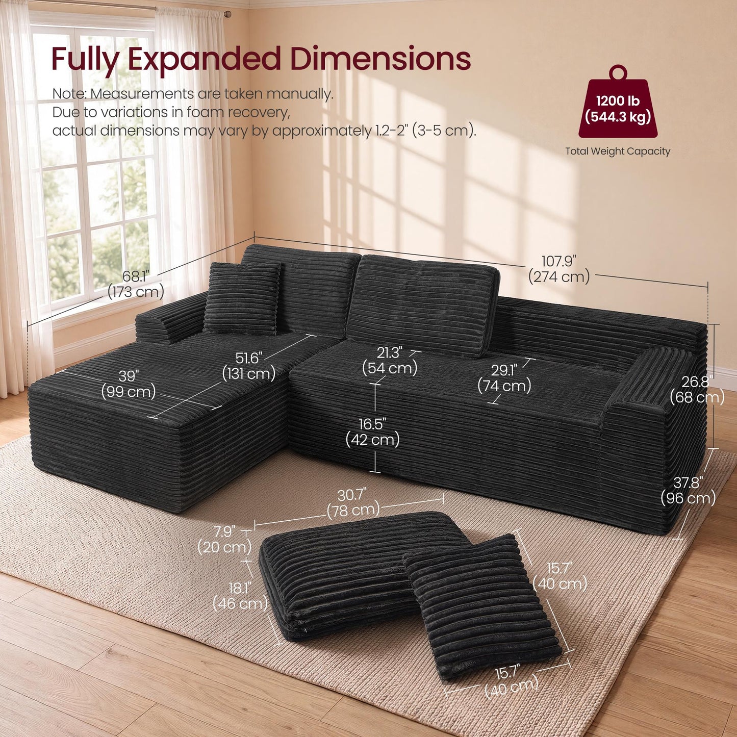 VASAGLE Boneless Sectional Couch, Cloud Convertible Sofa Bed Corduroy Fabric Foam Lounge – Ink Black
