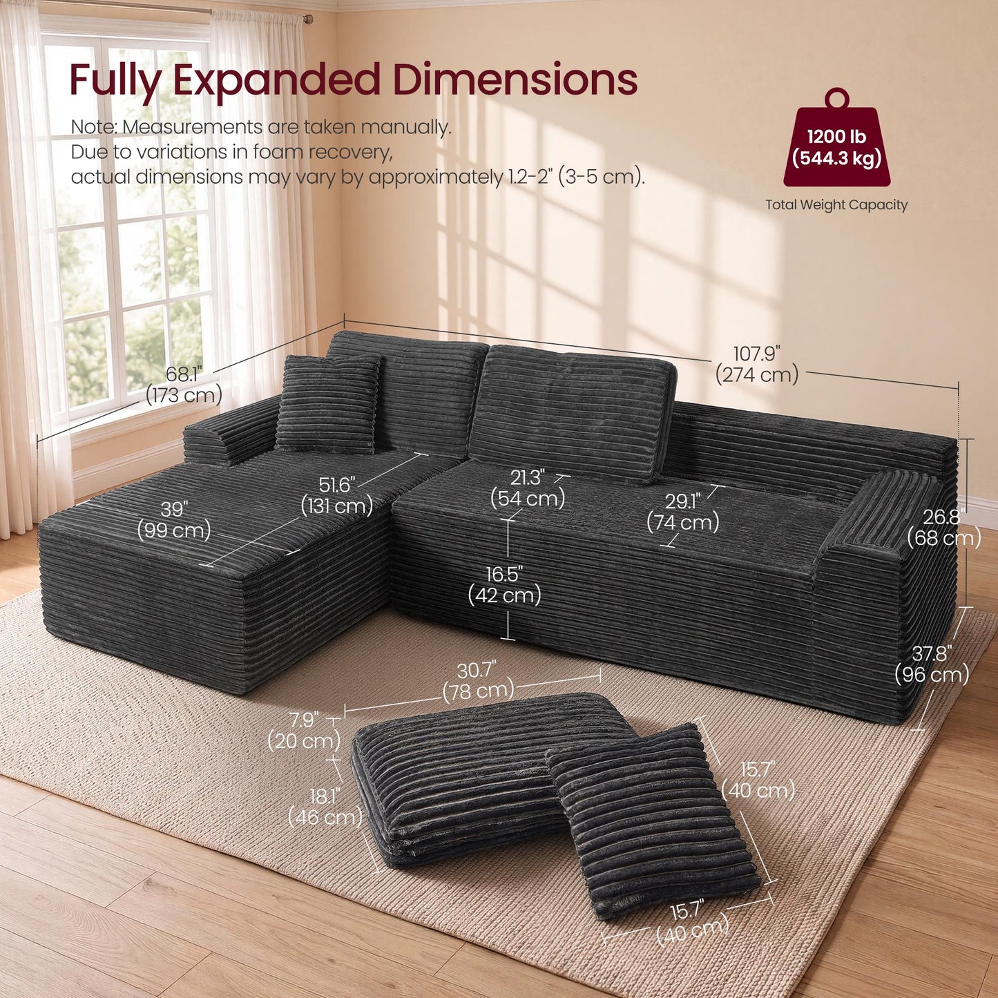 VASAGLE 107.9" Cloud Sectional Sofa, Compressed Couch for Living Room L Shaped – Slate Gray
