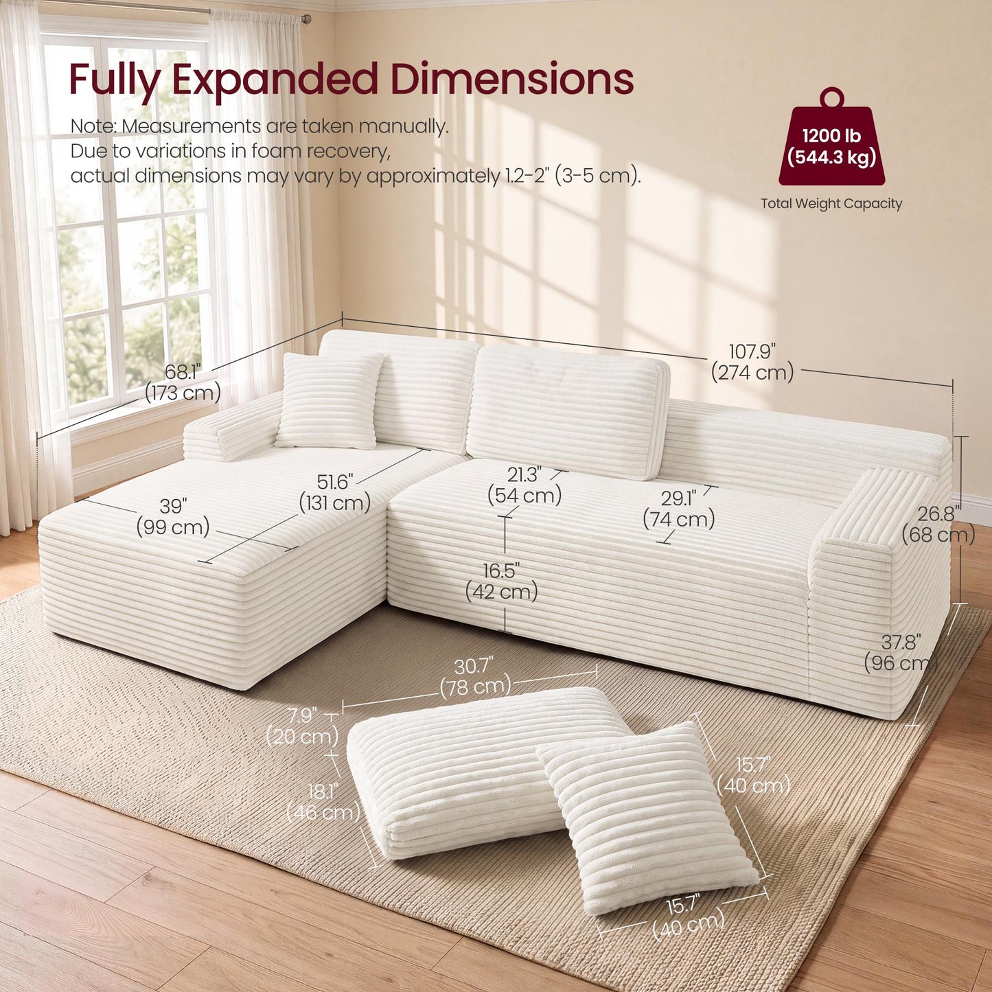 VASAGLE 107.9" Cloud Sectional Sofa, Boneless Couch for Living Room L Shaped – Cream White